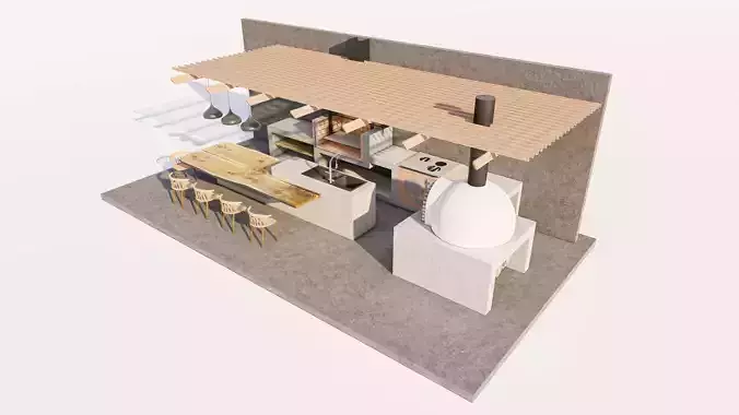 Outdoor Kitchen and Bar with Pergola Low-poly 3D model