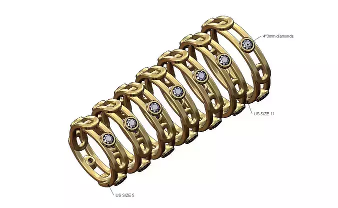Diamond bezel set paperclip chain link band US sizes 5to11