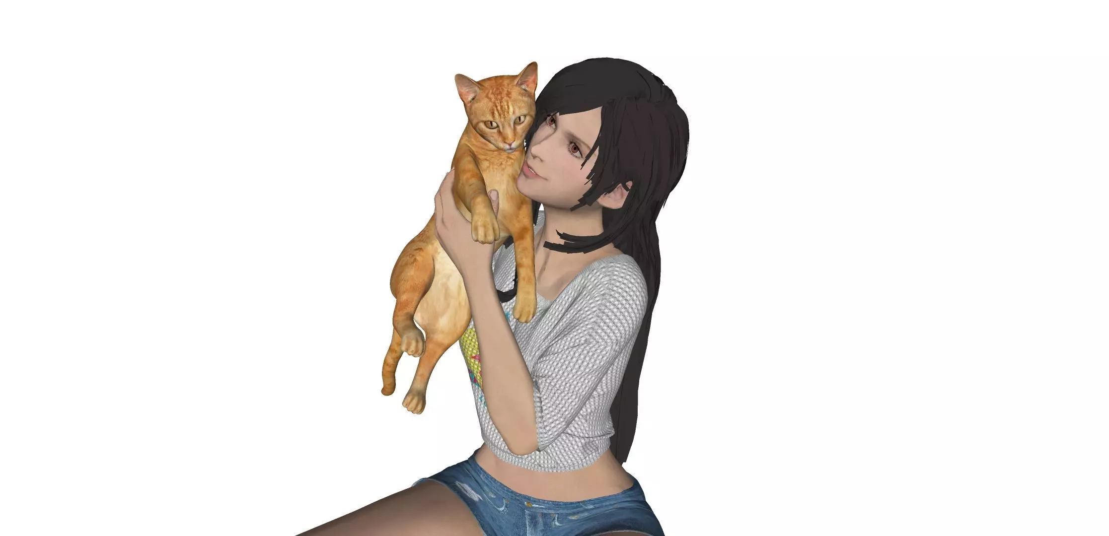 Female Character and cat Low-poly 3D model_1