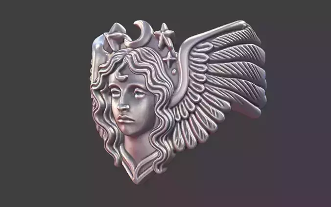Angel Face Ring with Wings moon Band