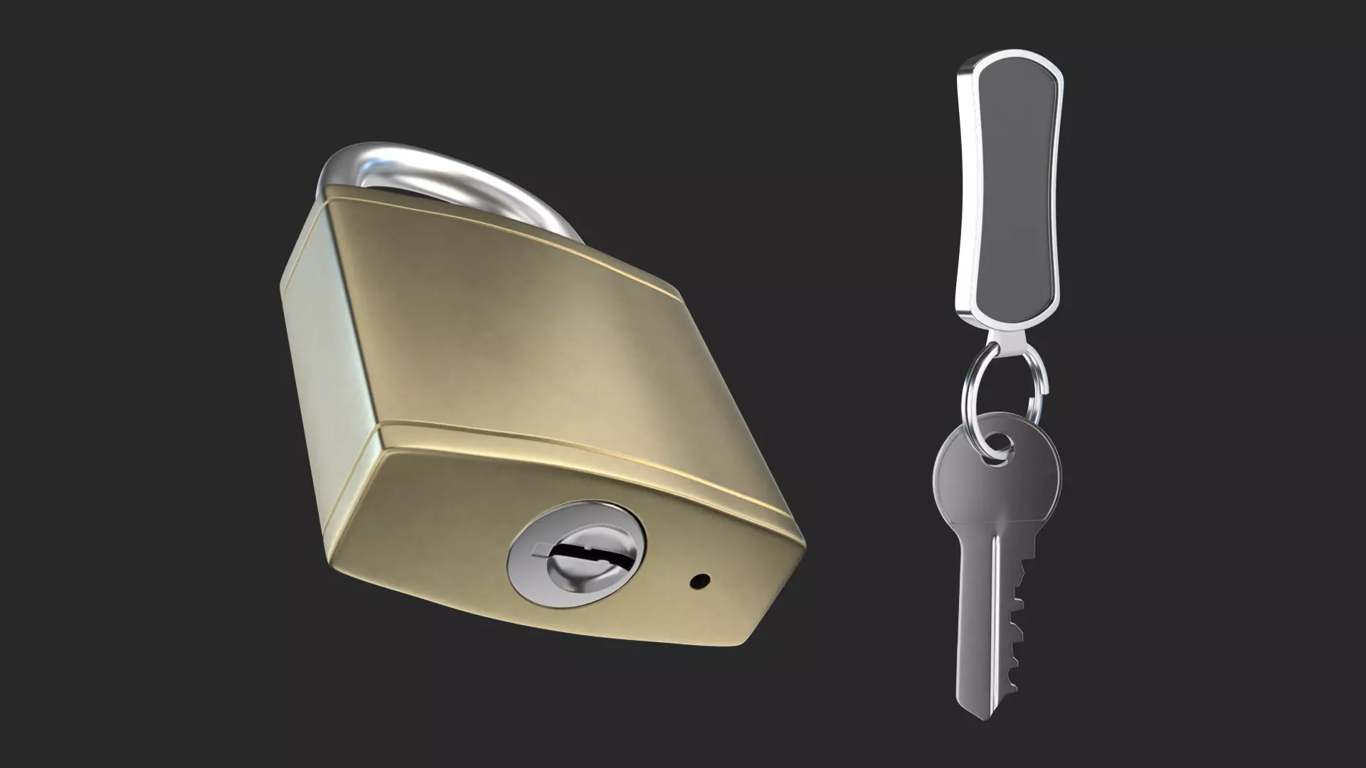 Brass Padlock with Key and Keychain 3D model