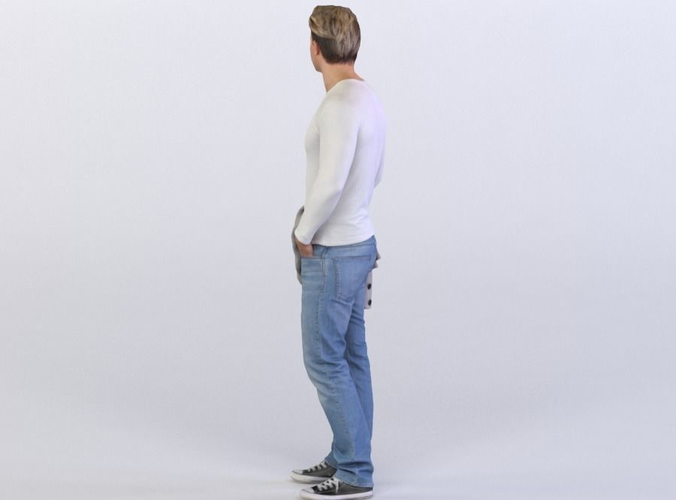 Ben 0459 Man Standing Casually, Holding a Sweater