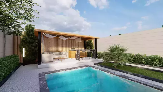 Modern Villa Landscape Backyard Design pool fire pit space