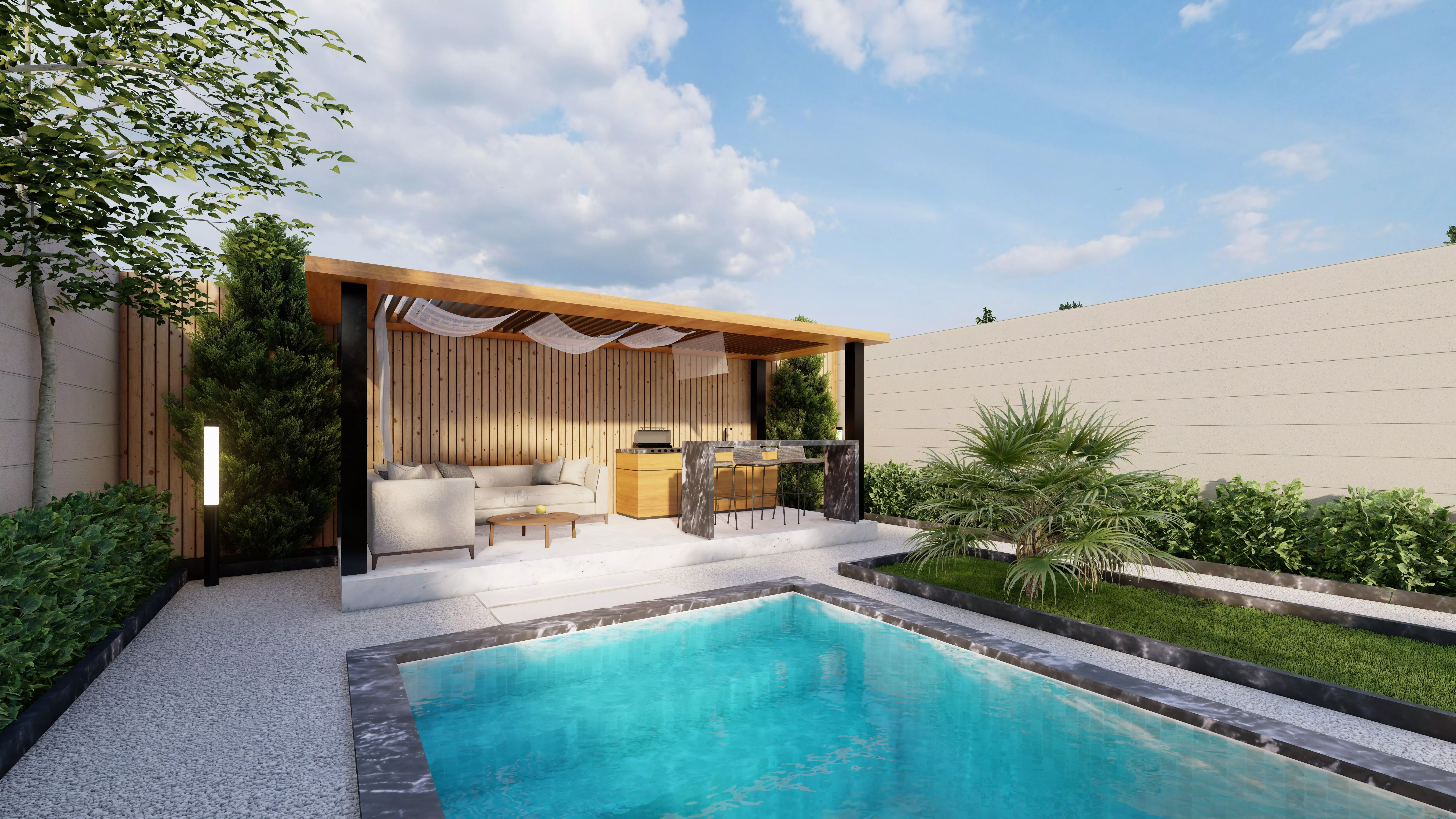 Modern Villa Landscape Backyard Design pool fire pit space 3D model_0