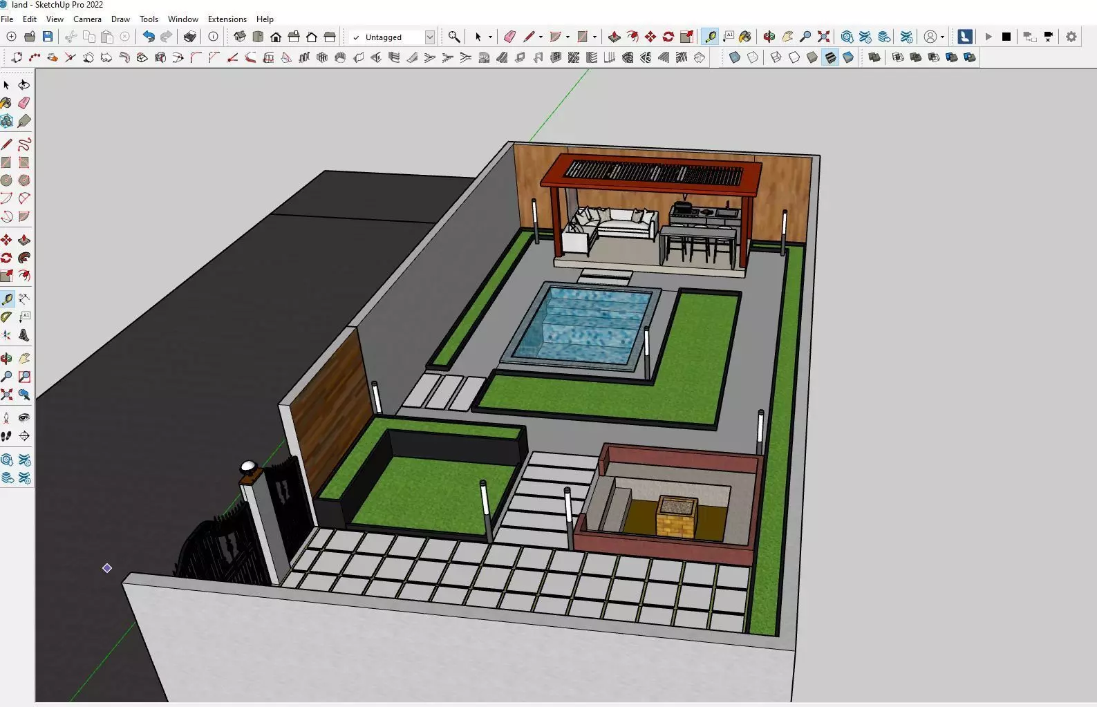 Modern Villa Landscape Backyard Design pool fire pit space 3D model_5