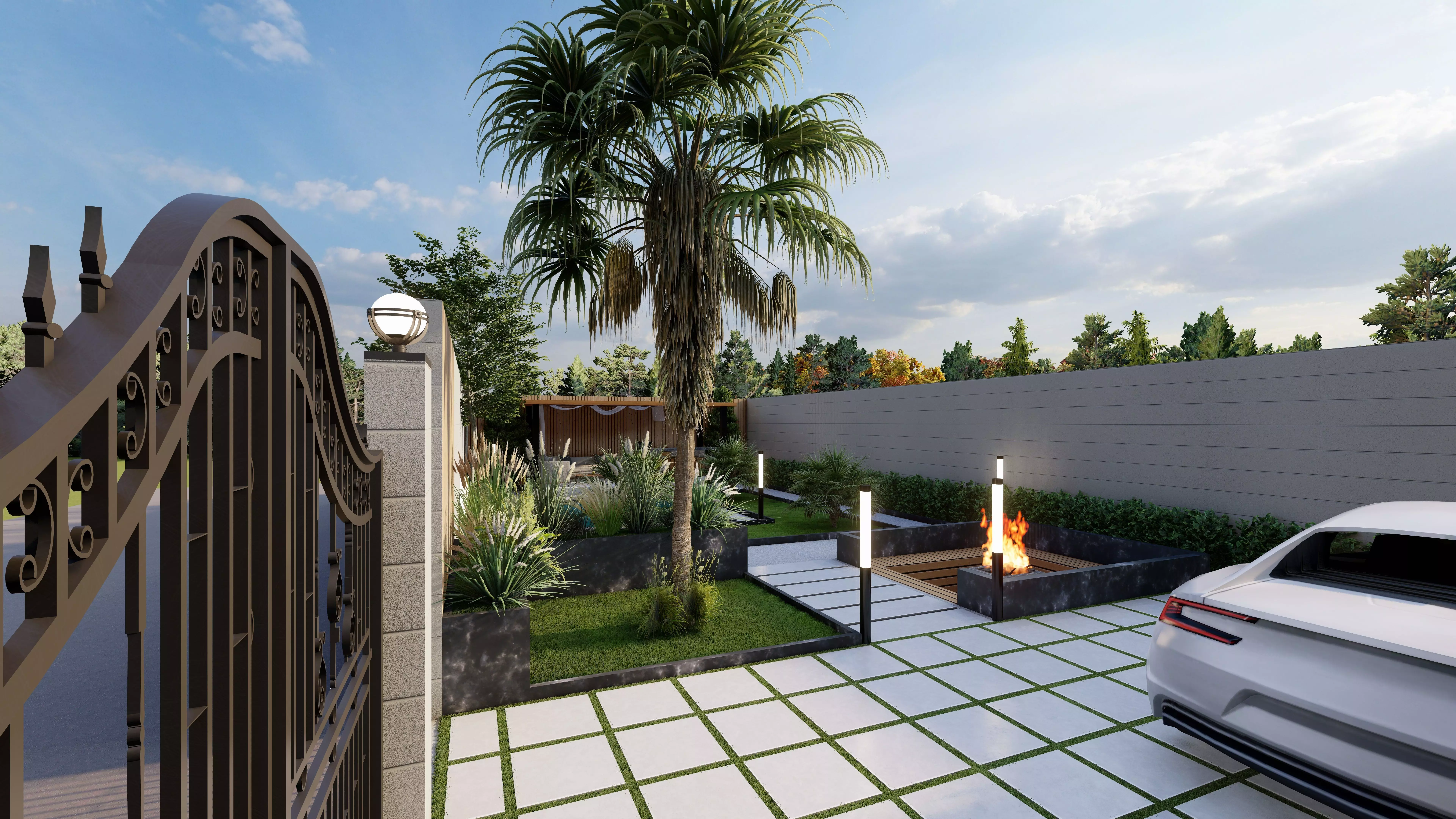 Modern Villa Landscape Backyard Design pool fire pit space 3D model_3
