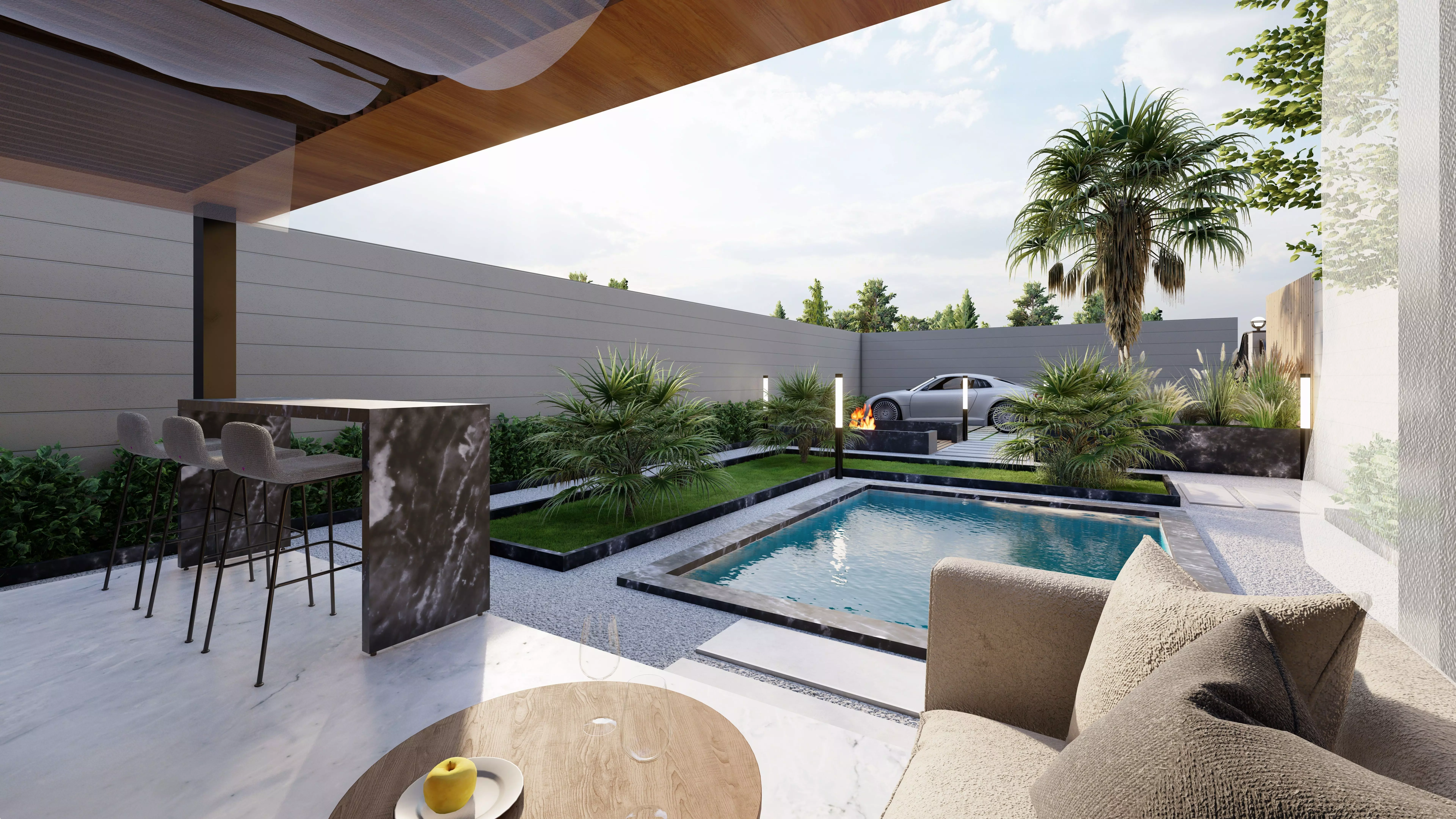 Modern Villa Landscape Backyard Design pool fire pit space 3D model_4