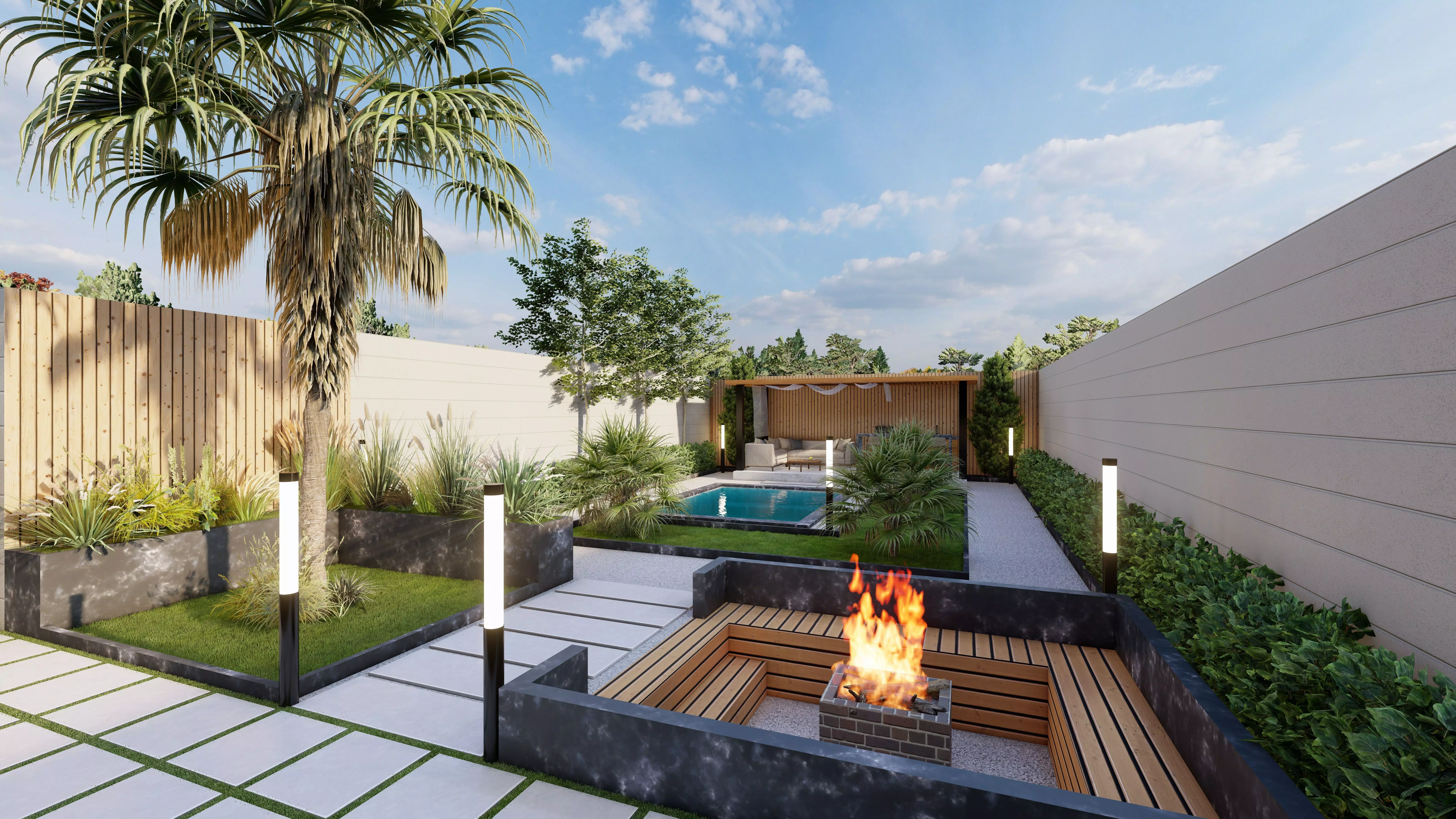 Modern Villa Landscape Backyard Design pool fire pit space 3D model_2