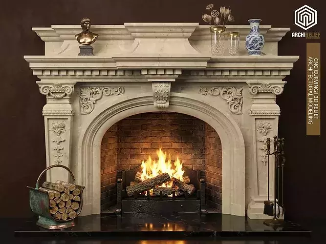 Classic Marble Fireplace - High Quality 3D Model 02