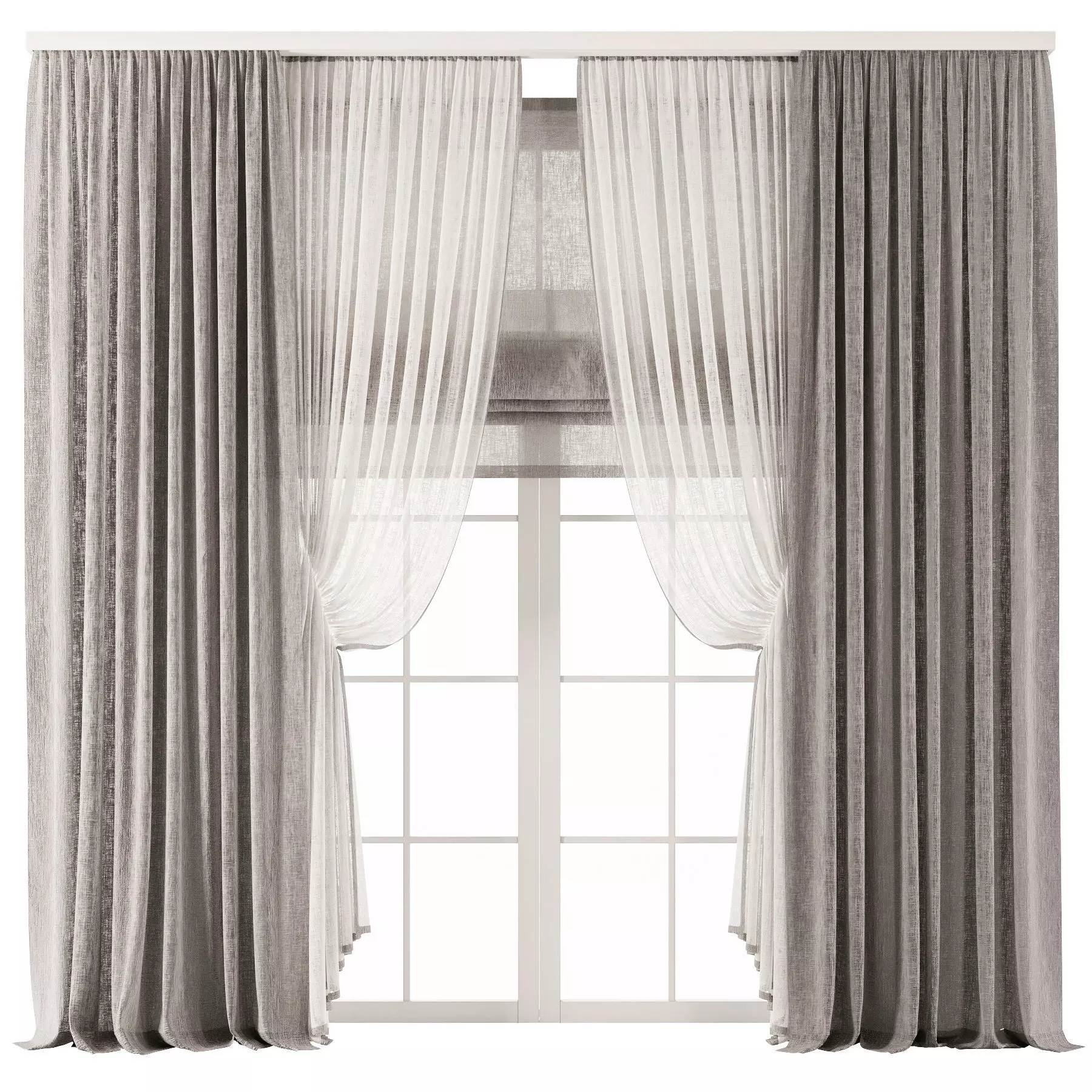 Gray Linen Double Layer Curtains 3D model_0