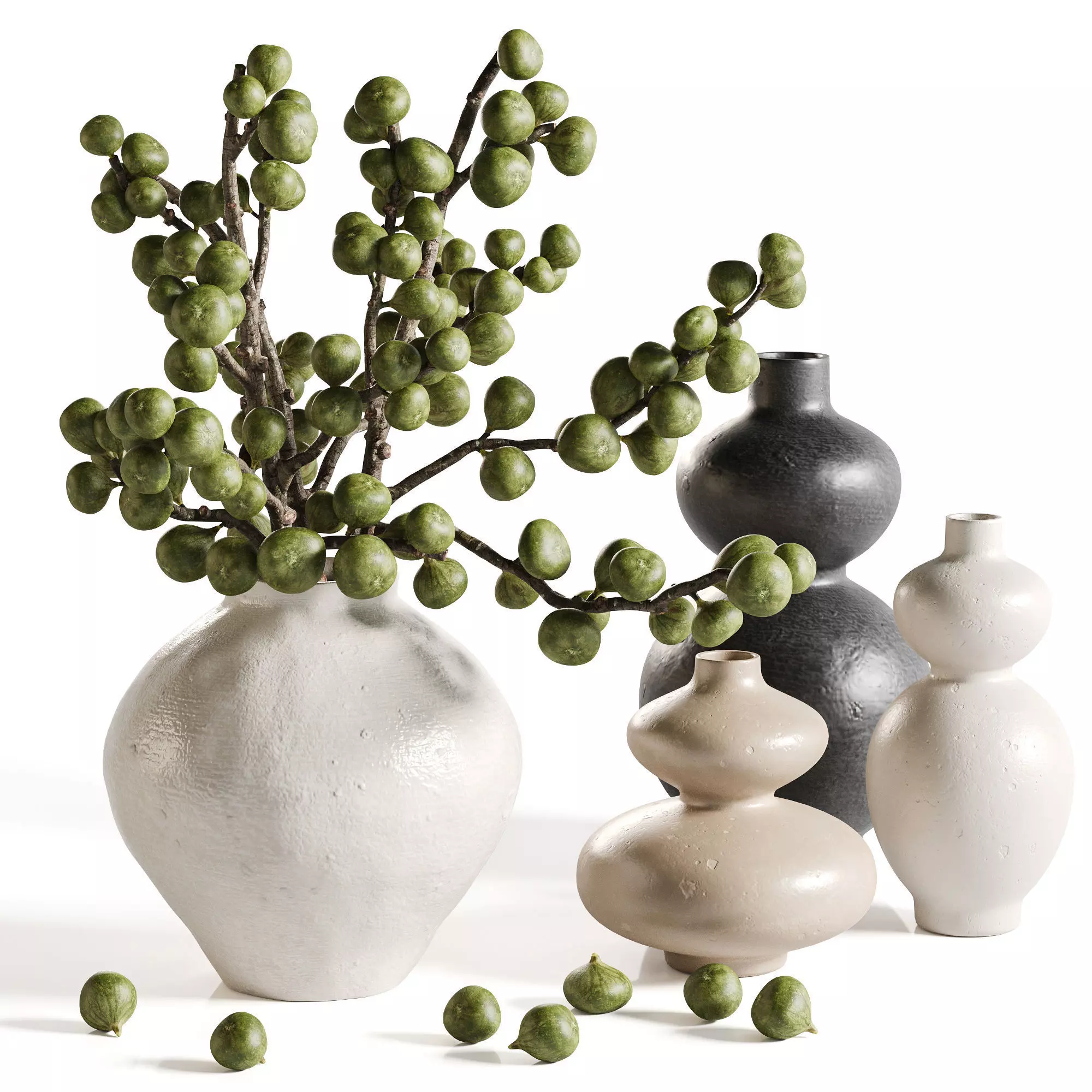 Green fig branches in artistic vases 3D model