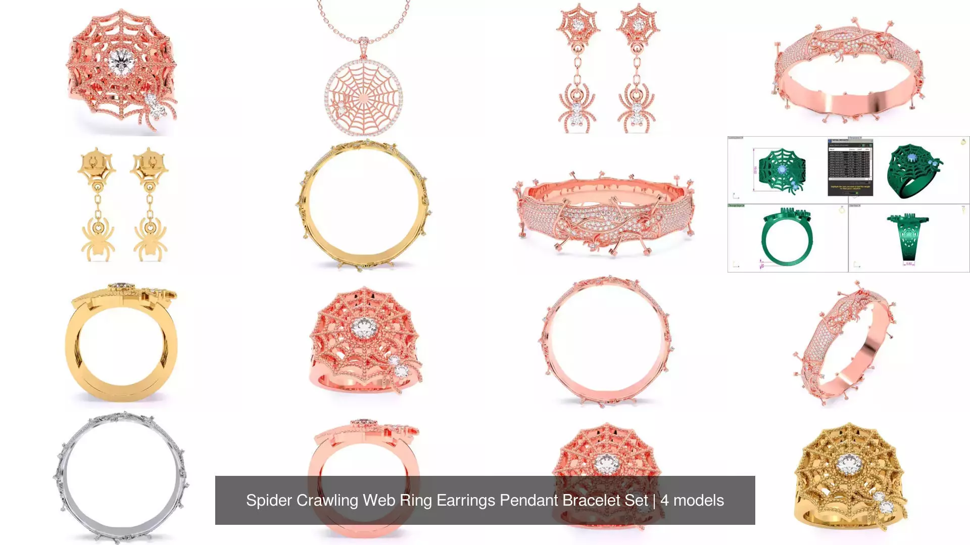 Spider Crawling Web Ring Earrings Pendant Bracelet Set 3D Model Collection_1
