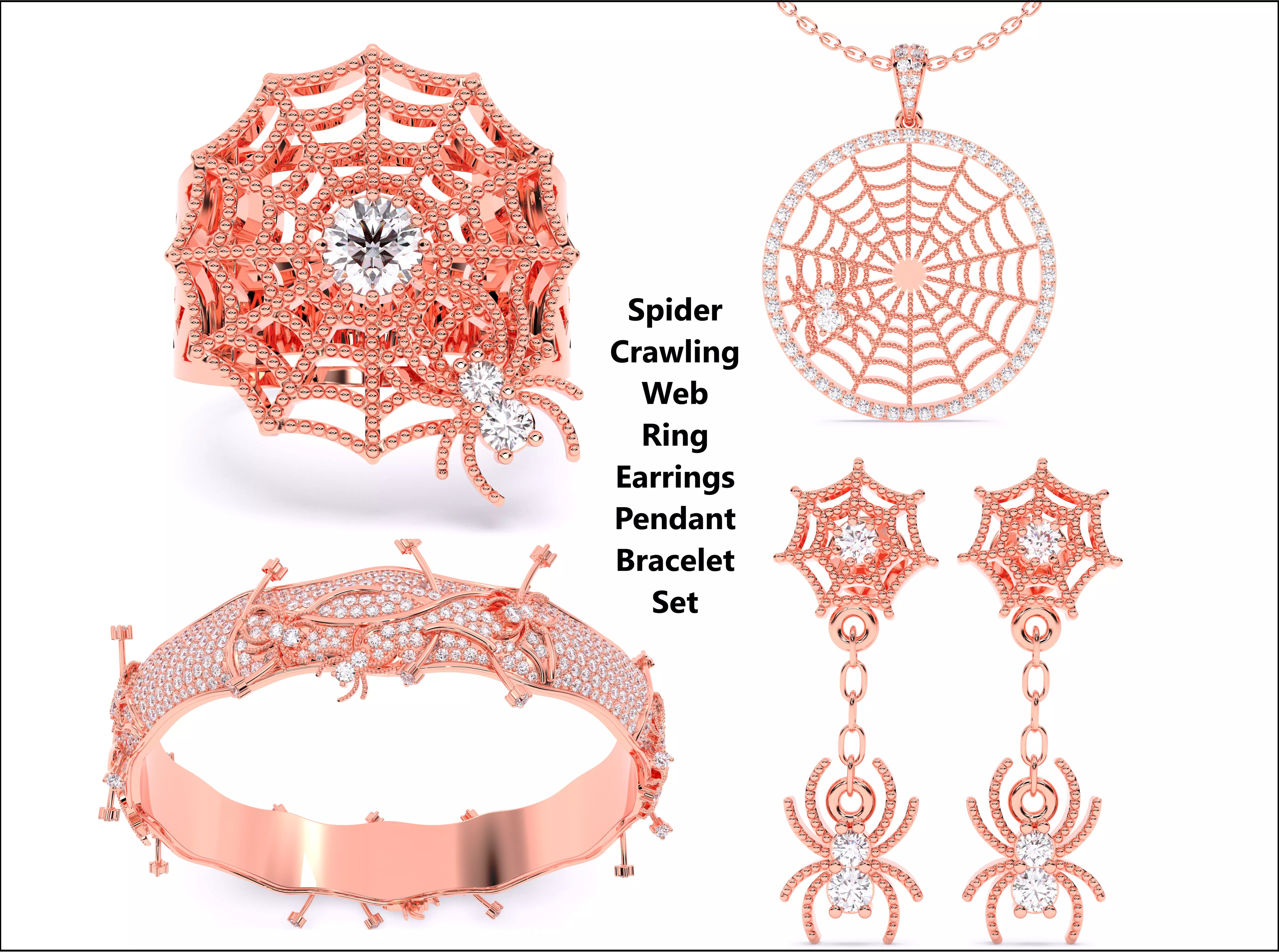 Spider Crawling Web Ring Earrings Pendant Bracelet Set 3D Model Collection_0