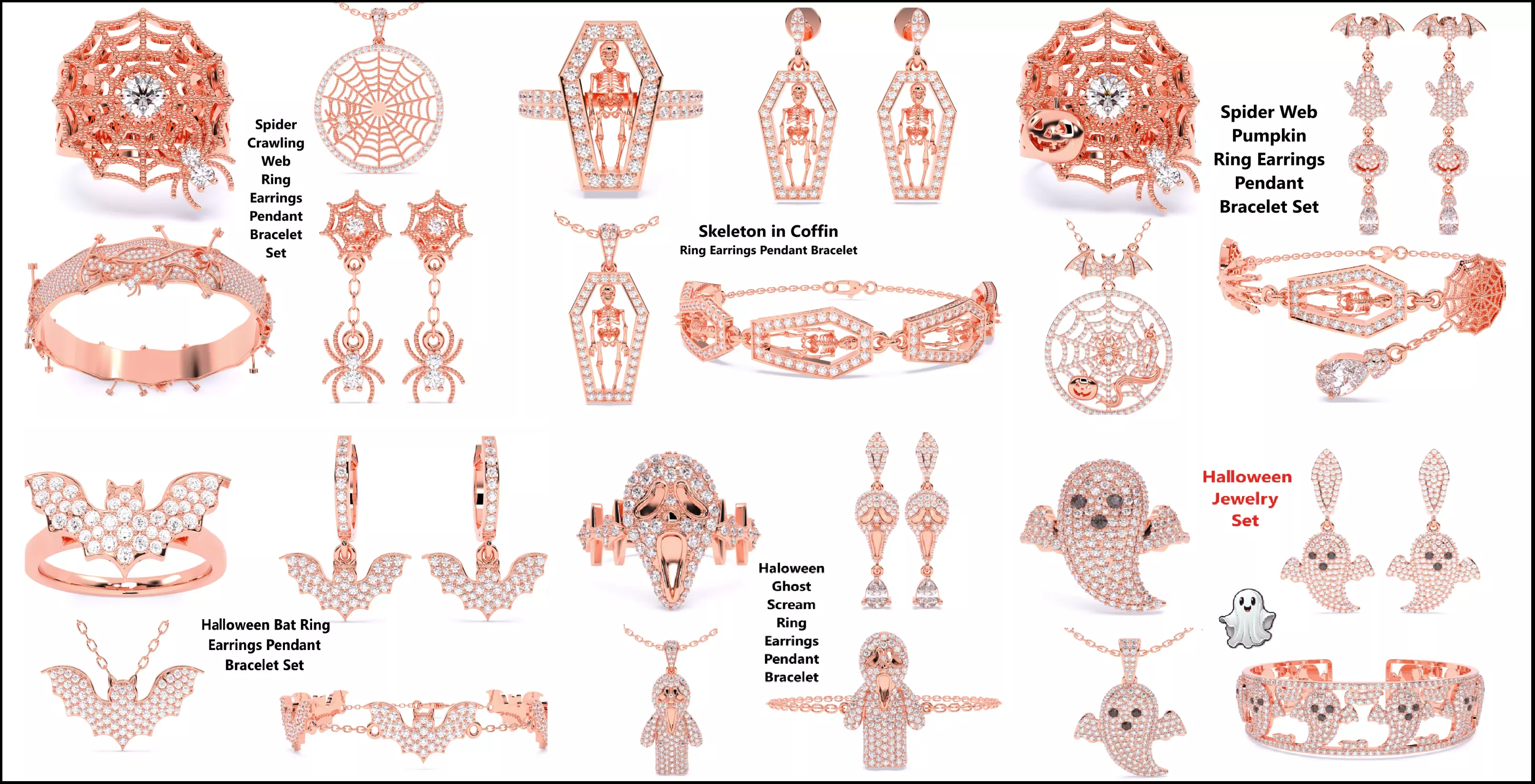 7 Halloween Skeleton Coffin Pumpkin Spider Web Ghost Bat Jewelry 3D Model Collection_0