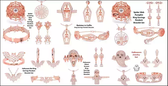7 Halloween Skeleton Coffin Pumpkin Spider Web Ghost Bat Jewelry 3D Model Collection
