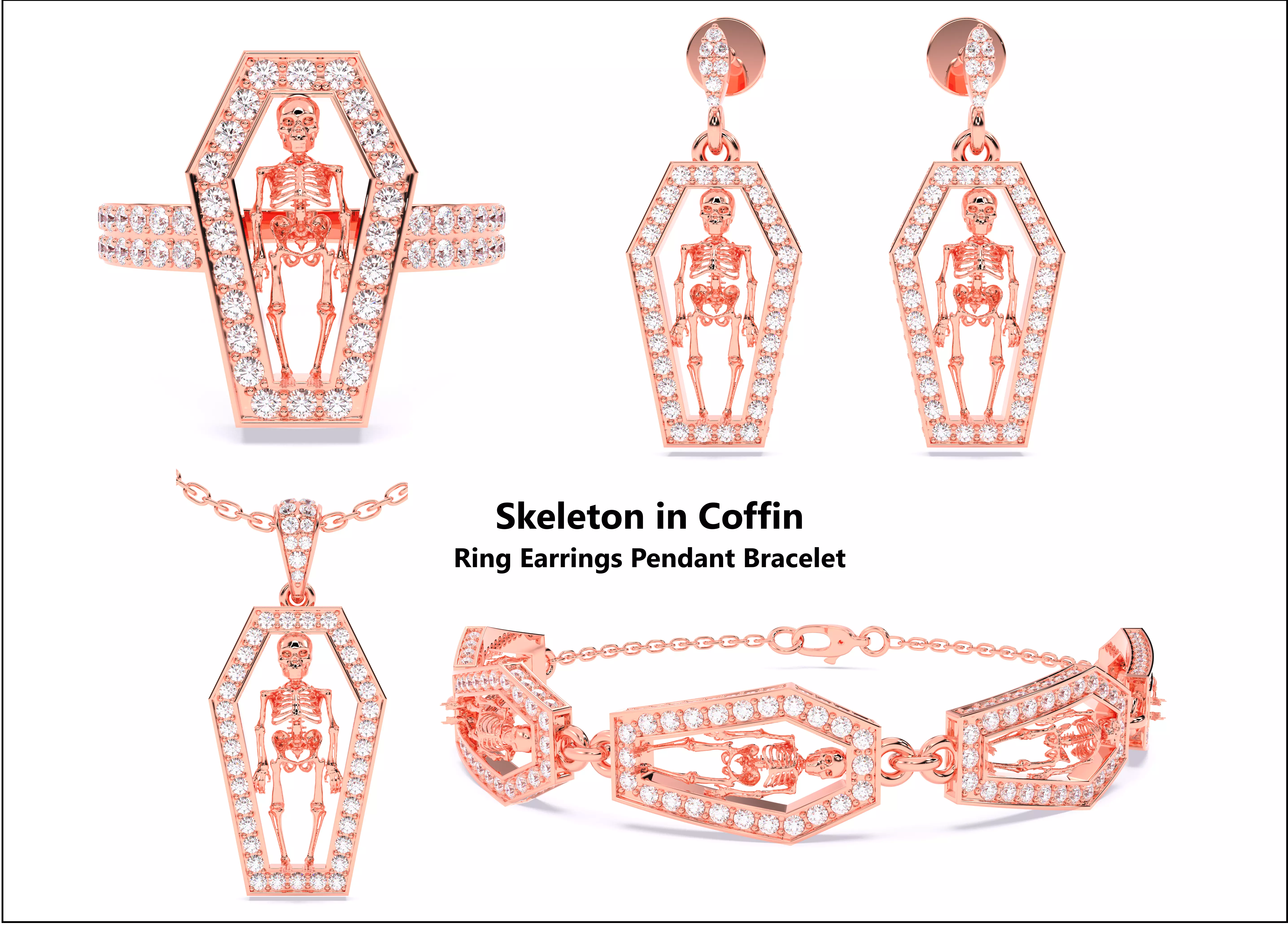 7 Halloween Skeleton Coffin Pumpkin Spider Web Ghost Bat Jewelry 3D Model Collection_1