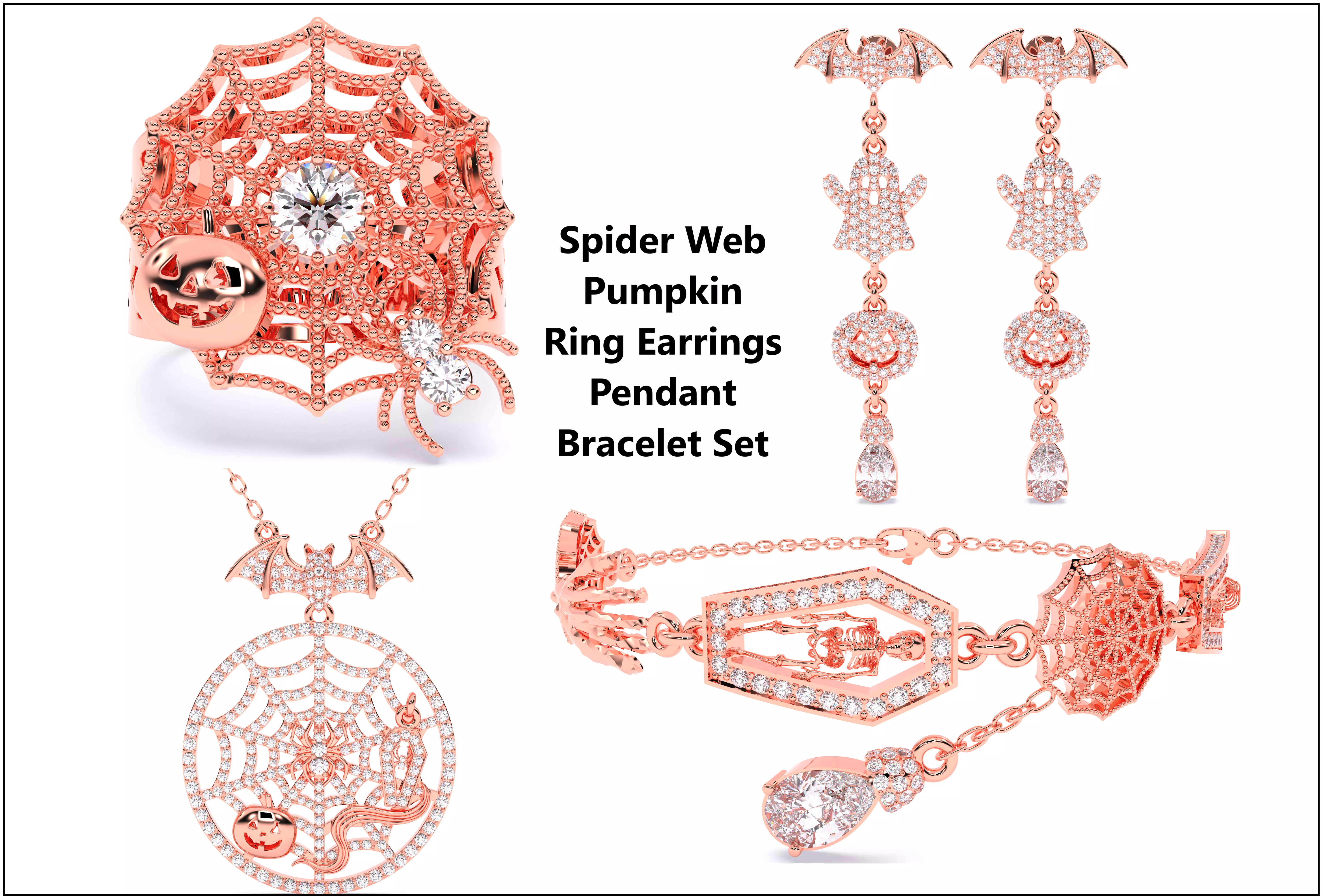 7 Halloween Skeleton Coffin Pumpkin Spider Web Ghost Bat Jewelry 3D Model Collection_6