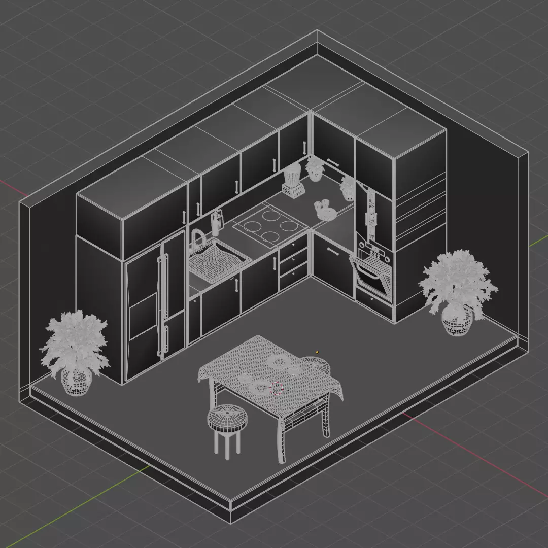Isometric Kitchen Interior 3D Model - Olive Green 3D model_2