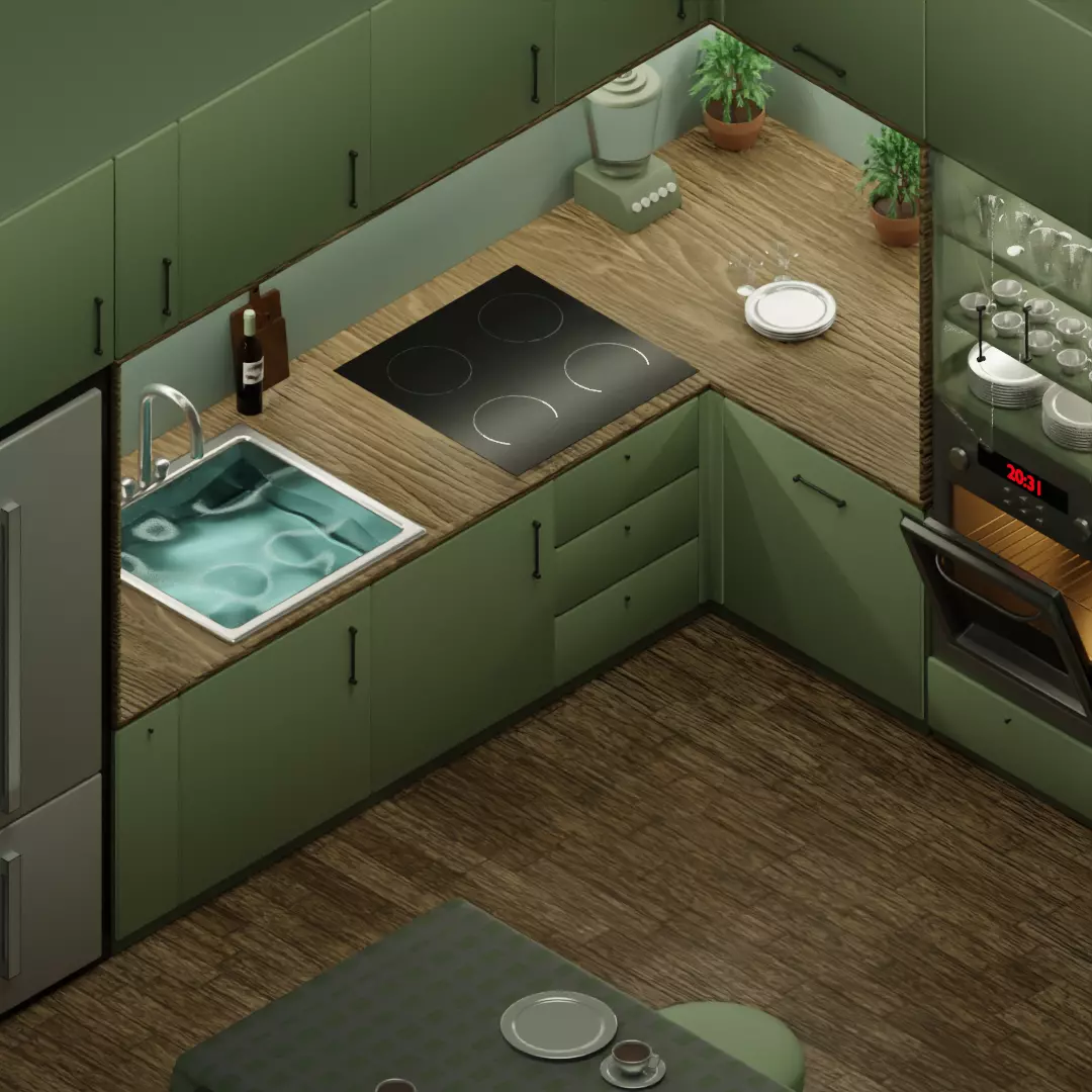 Isometric Kitchen Interior 3D Model - Olive Green 3D model_11