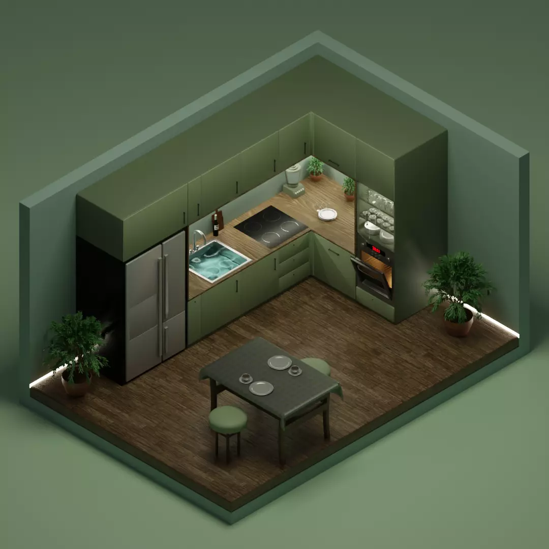 Isometric Kitchen Interior 3D Model - Olive Green 3D model_0