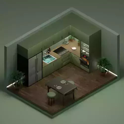 Isometric Kitchen Interior 3D Model - Olive Green 3D model