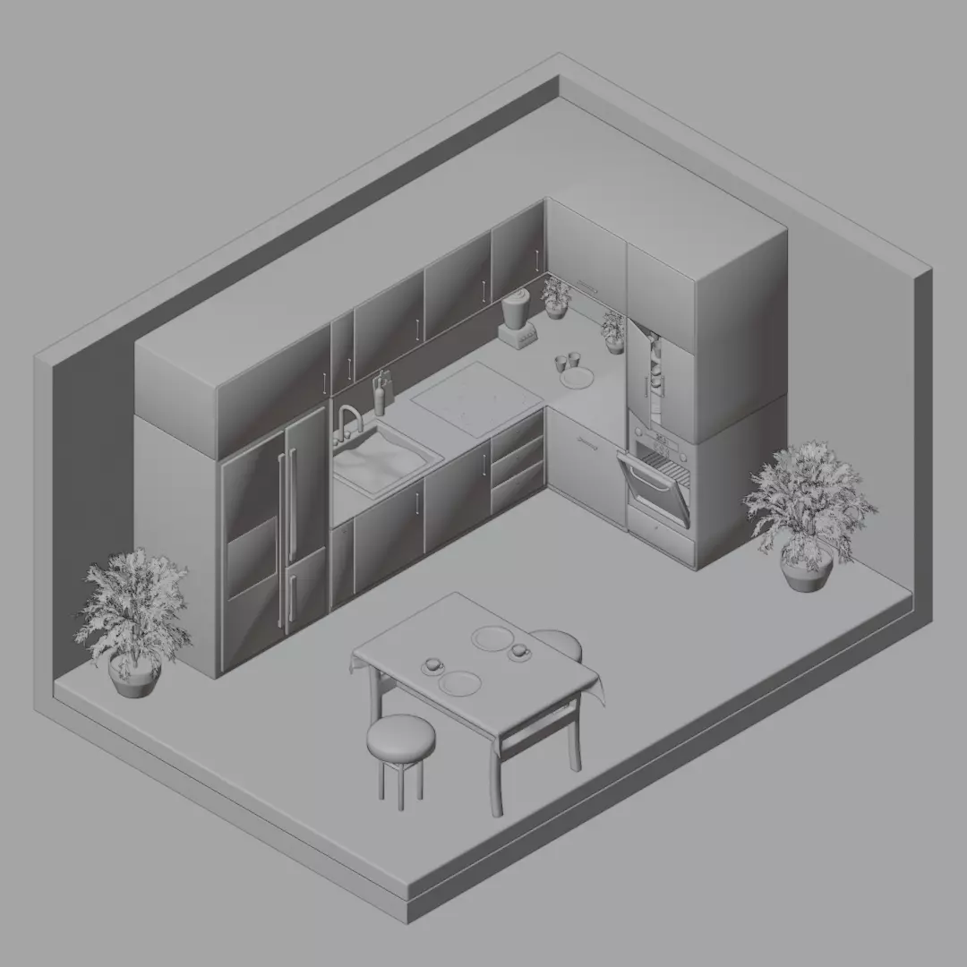 Isometric Kitchen Interior 3D Model - Olive Green 3D model_1