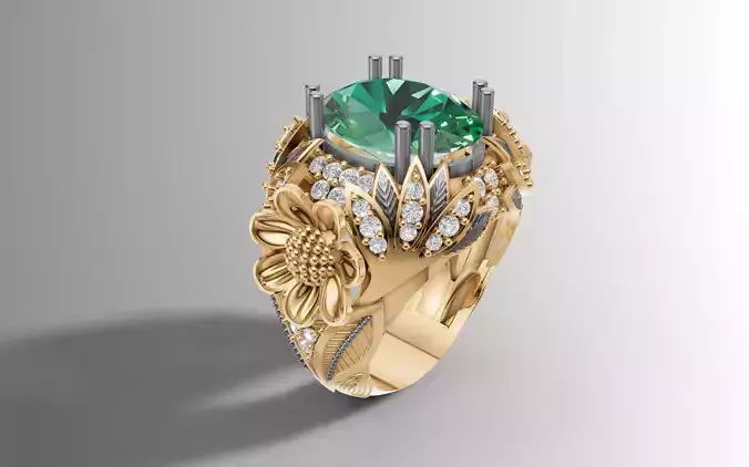  Cocktail Ring 3D Model Large Cabochon Floral Design