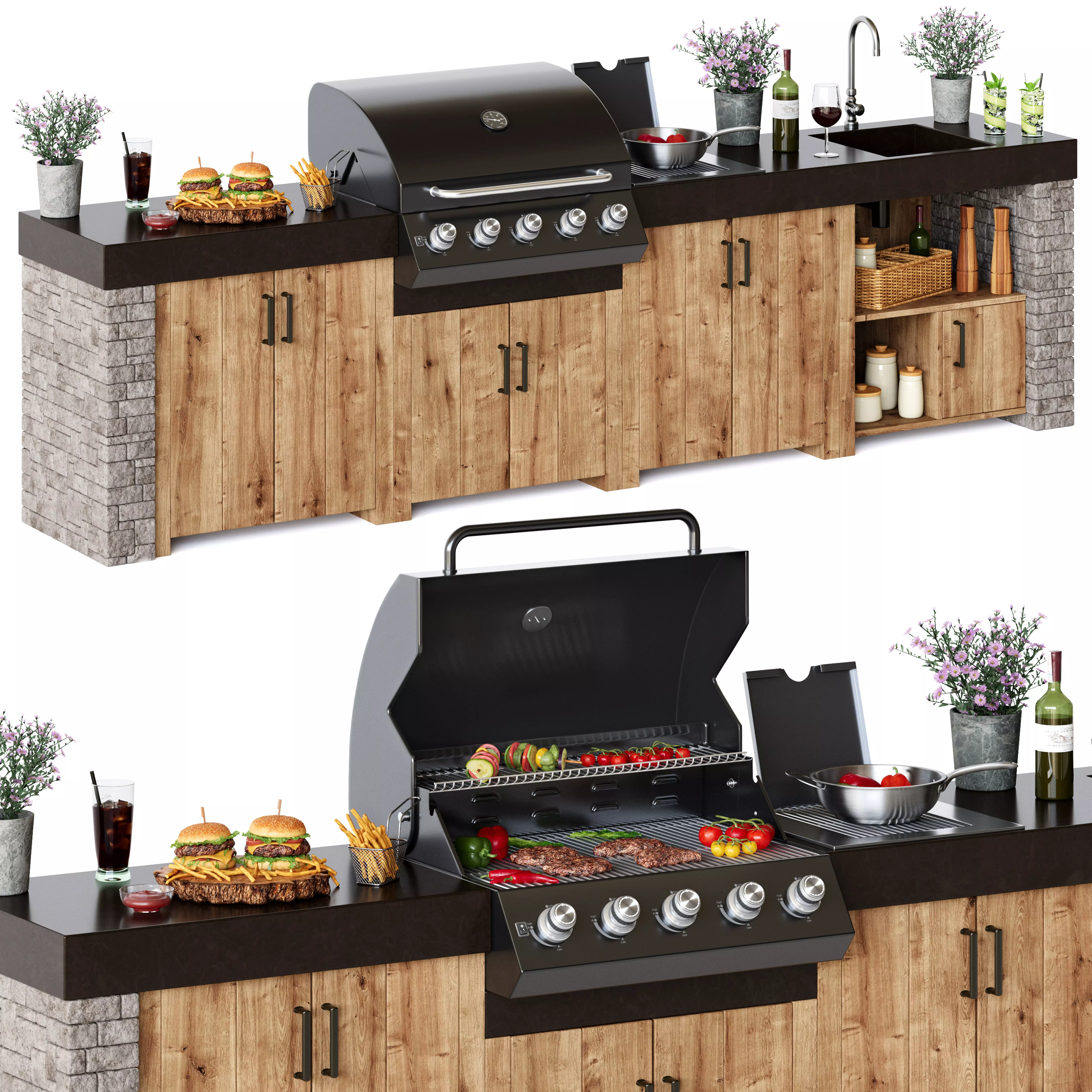 Outdoor Kitchen with a gas grill 3D model_1