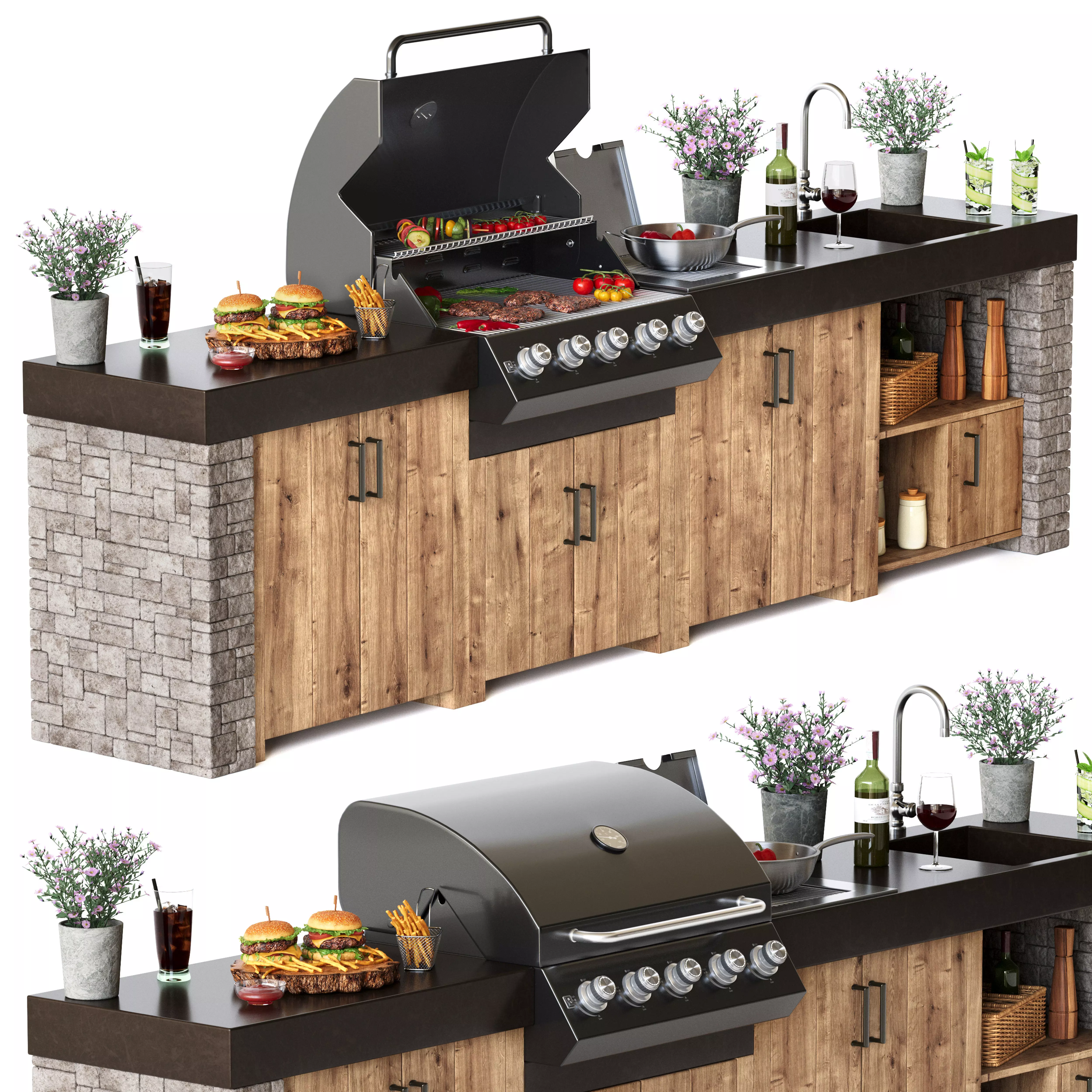 Outdoor Kitchen with a gas grill 3D model_3