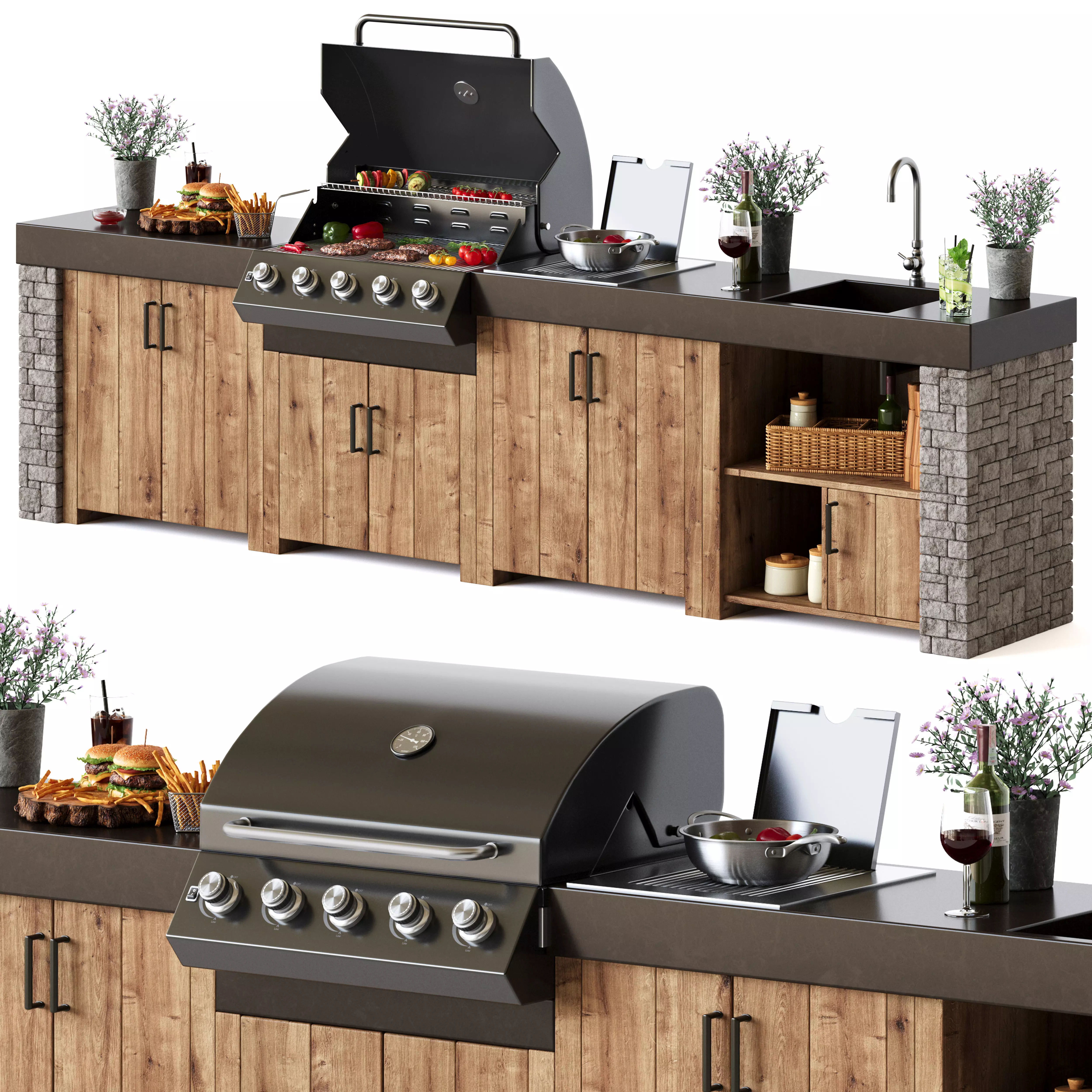 Outdoor Kitchen with a gas grill 3D model_0