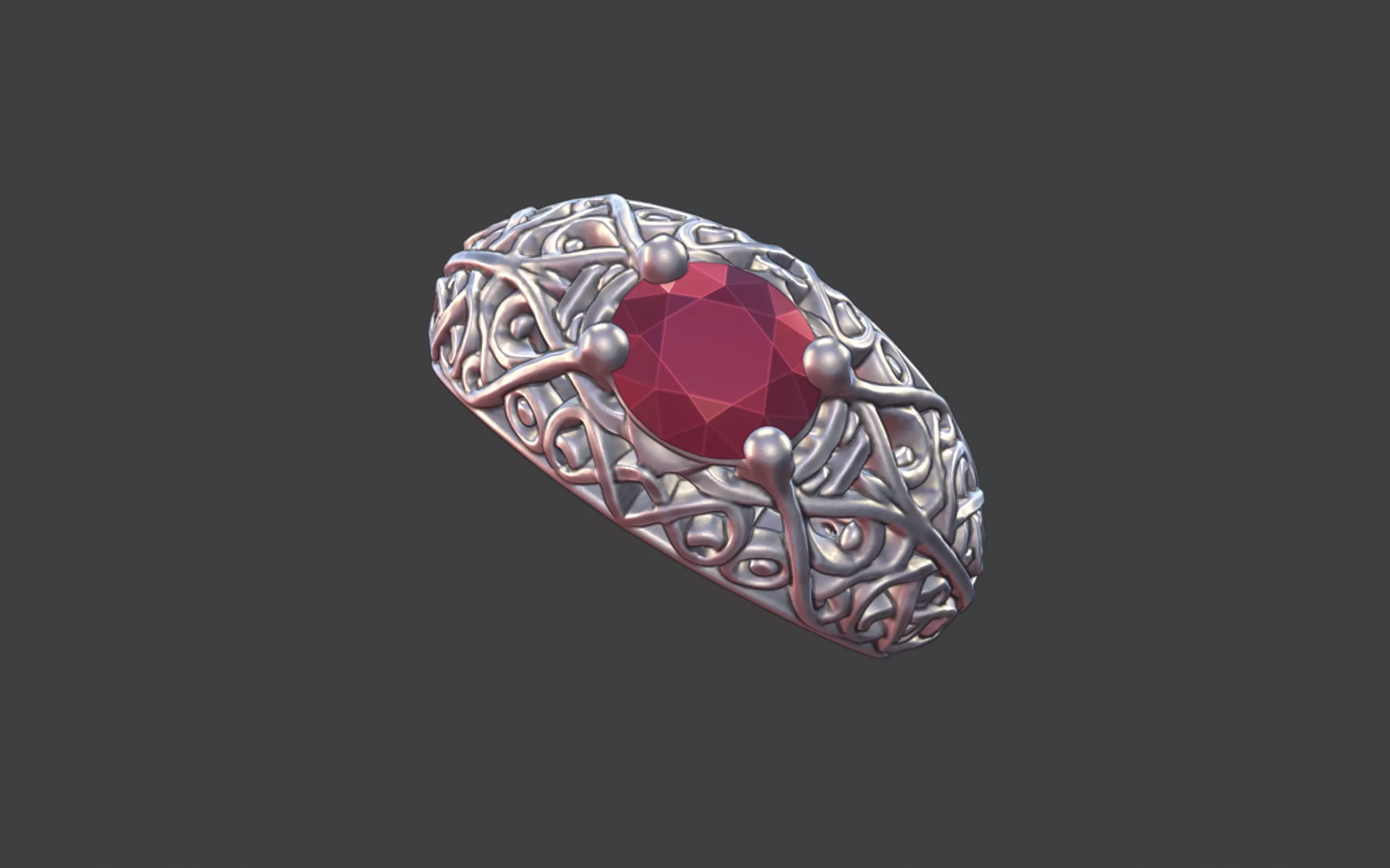 Geometric Filigree Silver Ring with Oval Faceted Gem 3D print model_14
