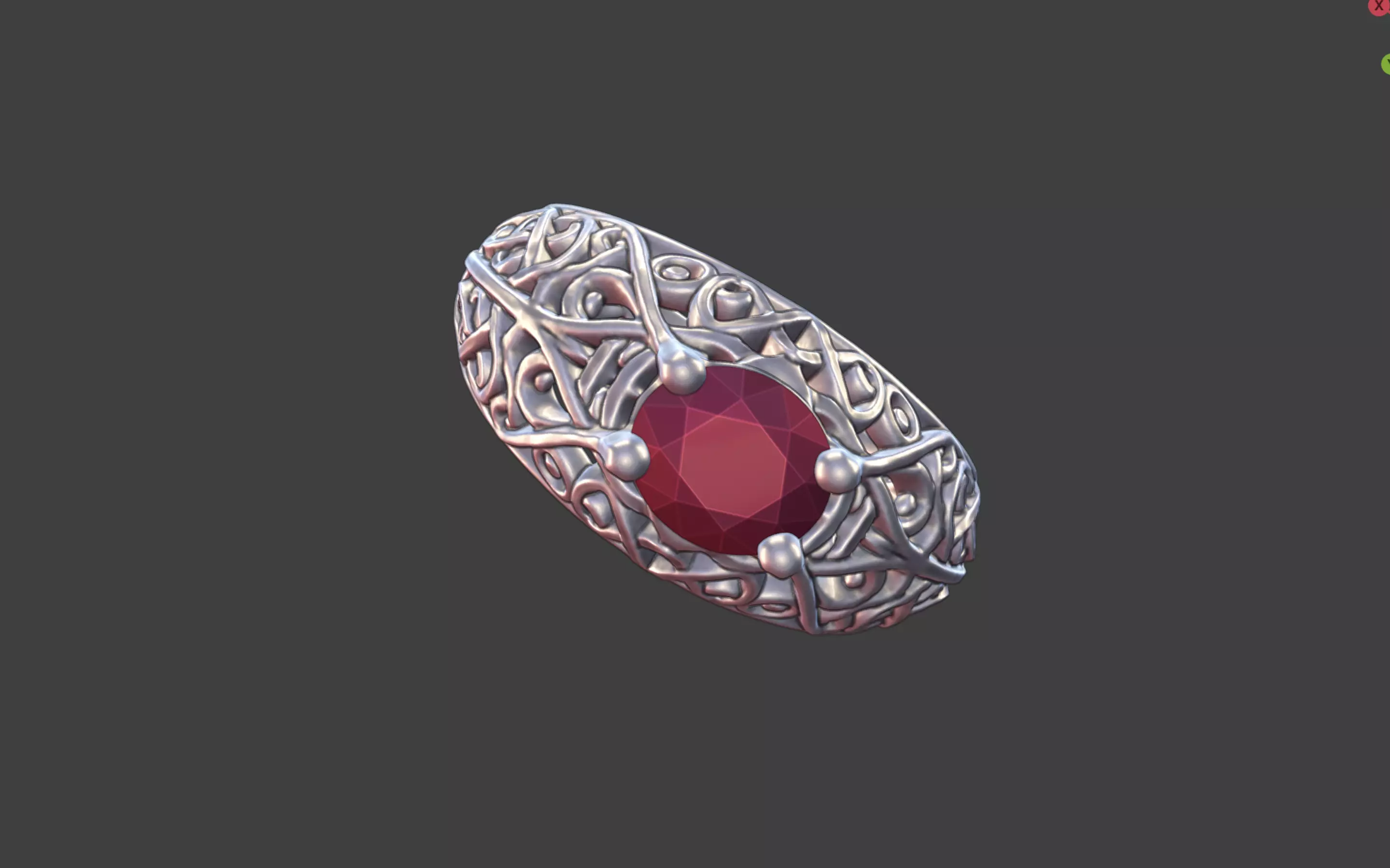 Geometric Filigree Silver Ring with Oval Faceted Gem 3D print model_15