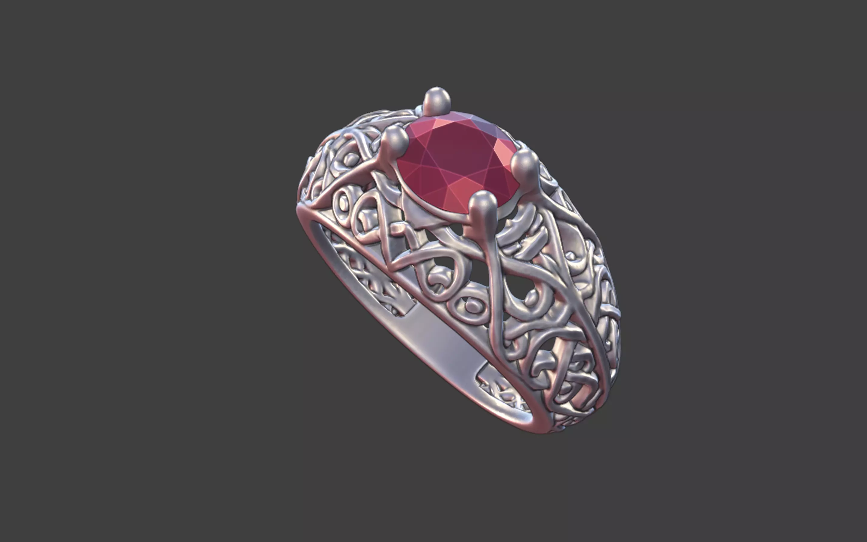 Geometric Filigree Silver Ring with Oval Faceted Gem 3D print model_13