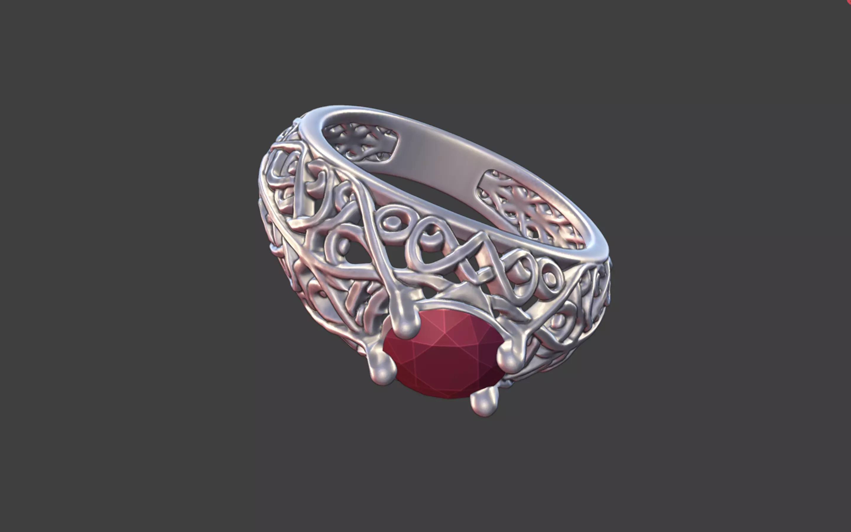Geometric Filigree Silver Ring with Oval Faceted Gem 3D print model_16