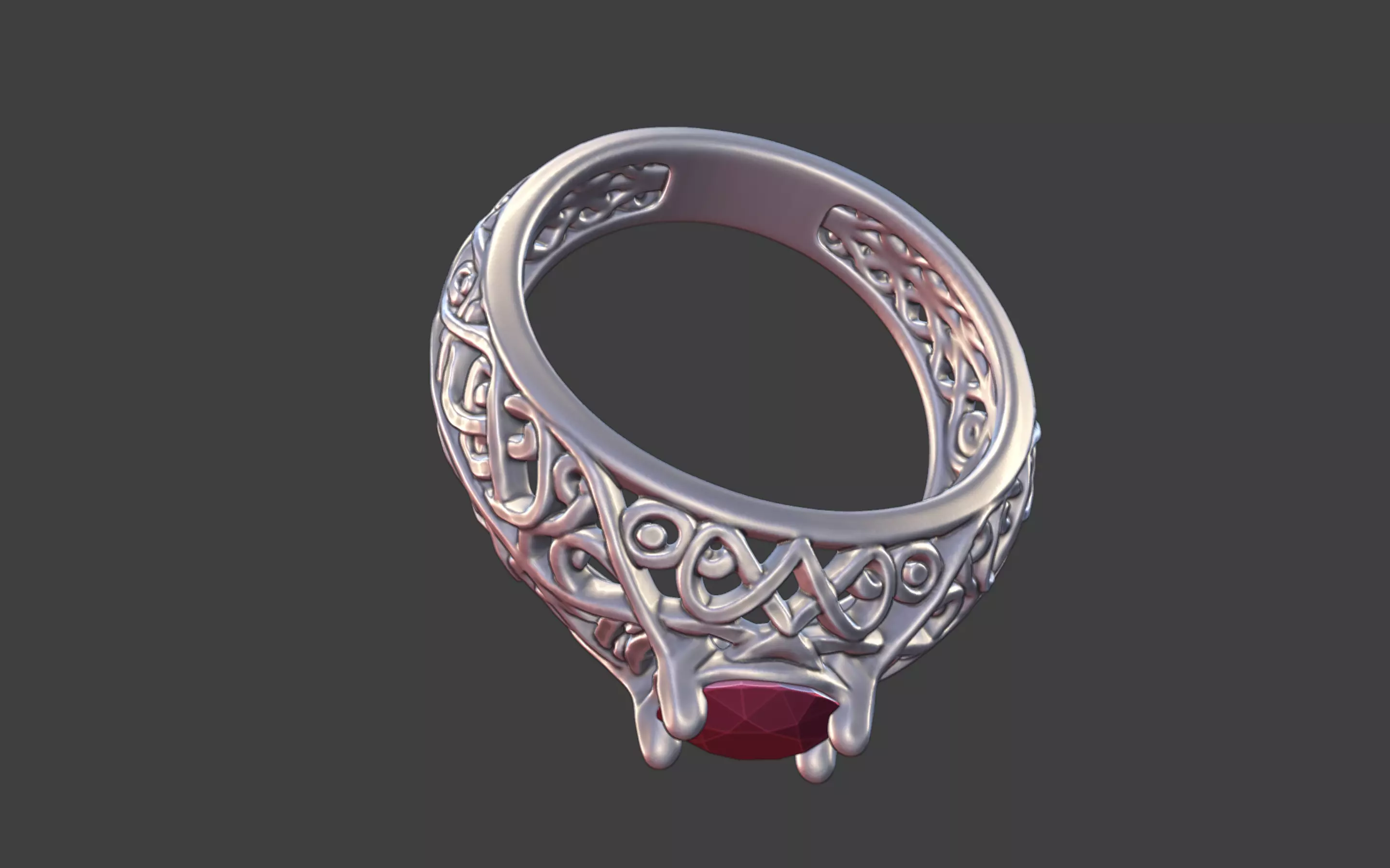 Geometric Filigree Silver Ring with Oval Faceted Gem 3D print model_17