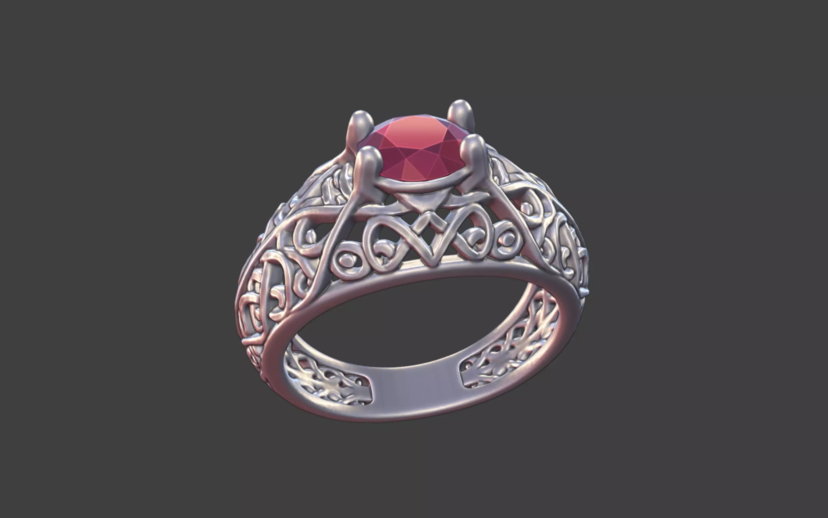 Geometric Filigree Silver Ring with Oval Faceted Gem 3D print model_25