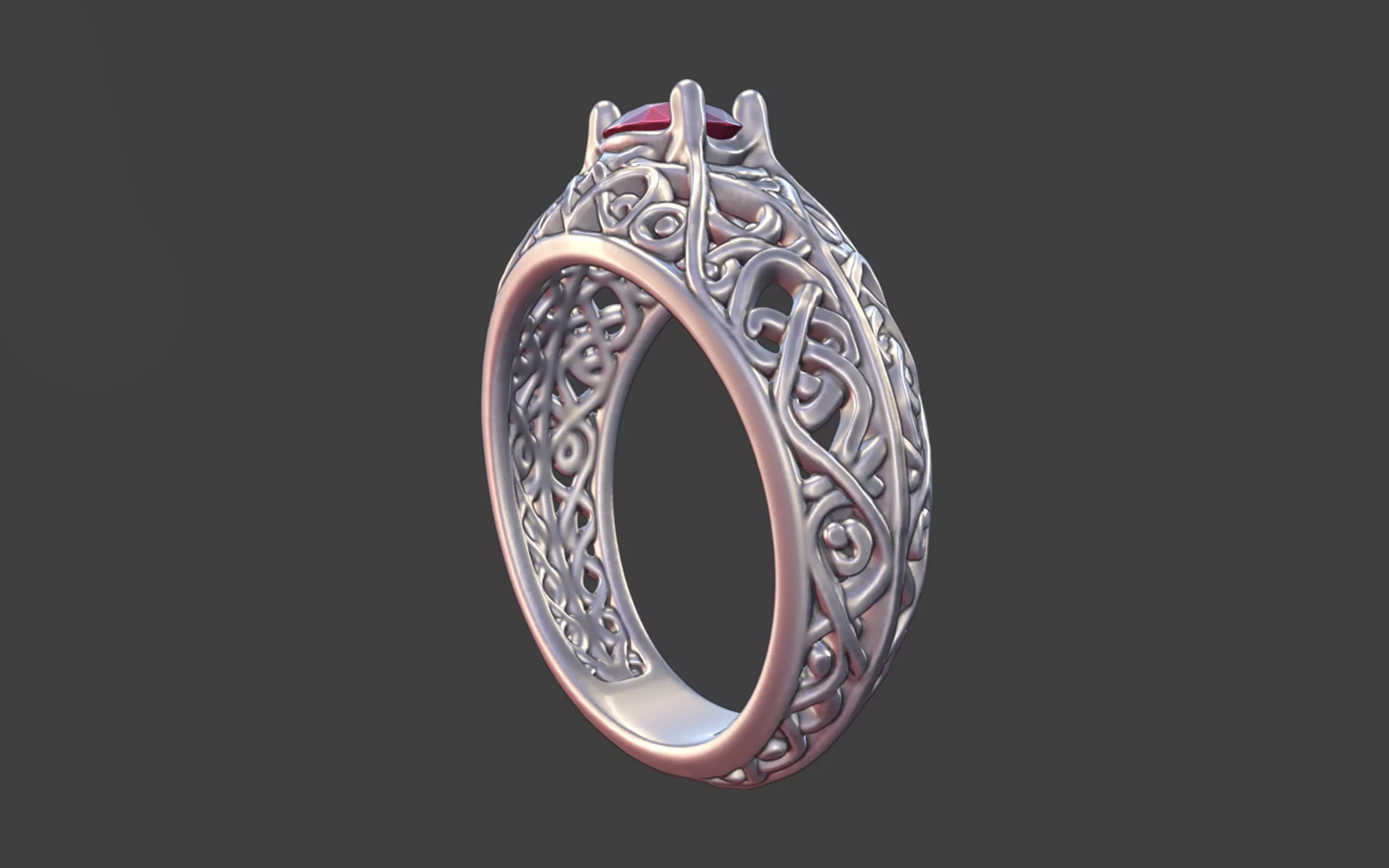 Geometric Filigree Silver Ring with Oval Faceted Gem 3D print model_3