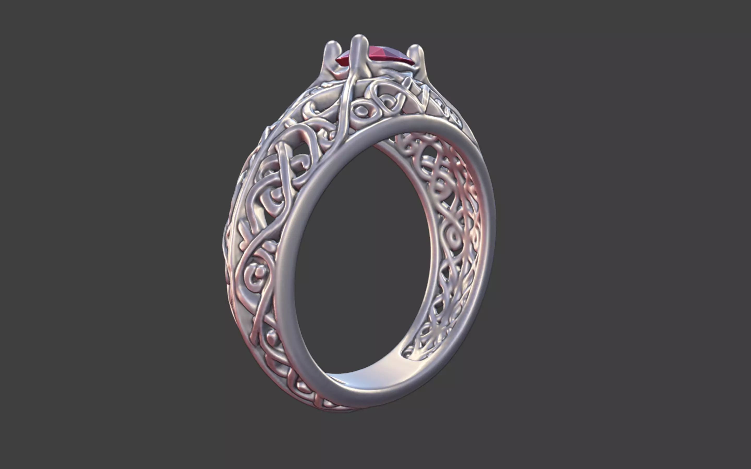Geometric Filigree Silver Ring with Oval Faceted Gem 3D print model_7