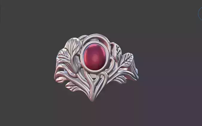 Silver Flower and Leaves Cabochon Ring