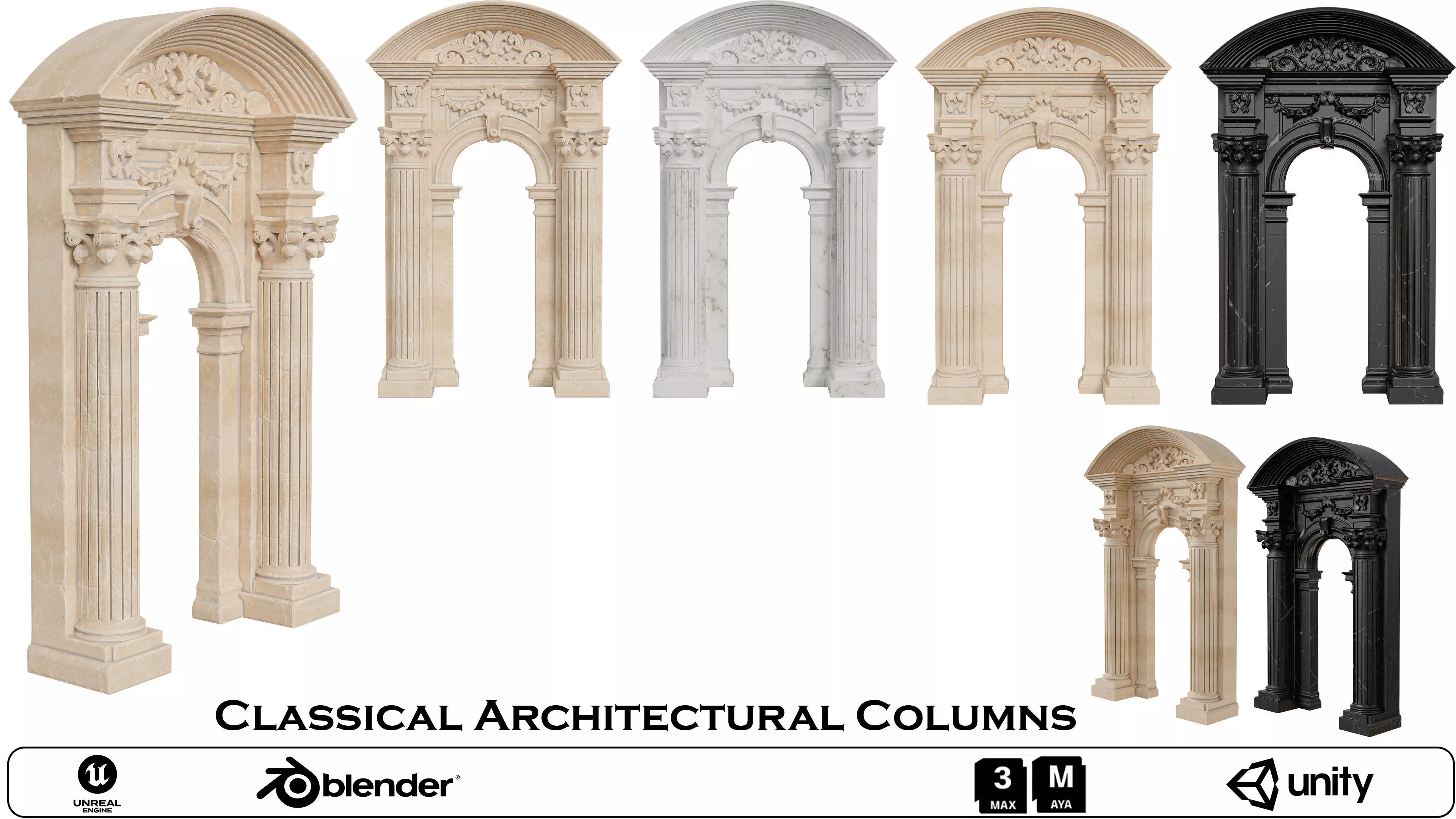 Classical Architectural Columns -Arches and Decorative Pillars Low-poly 3D model_0