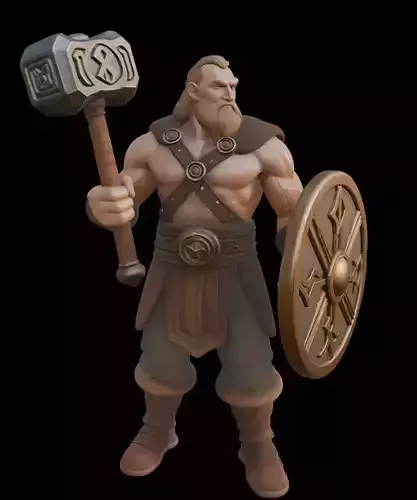 Legendary Viking Warrior with Hammer and Shield