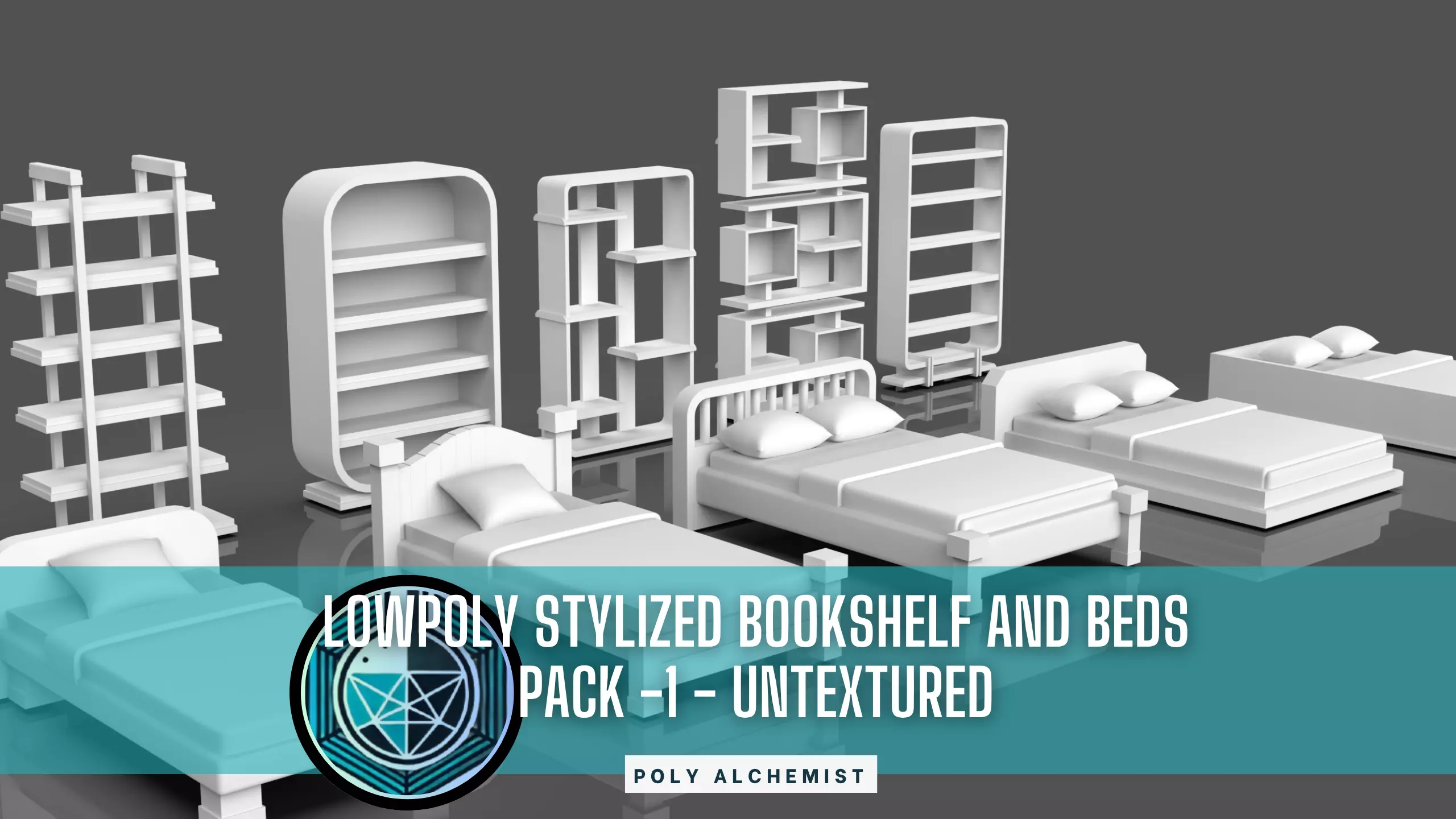 Lowpoly Bookshelf And Beds Pack - 1 - Untextured Low-poly 3D model