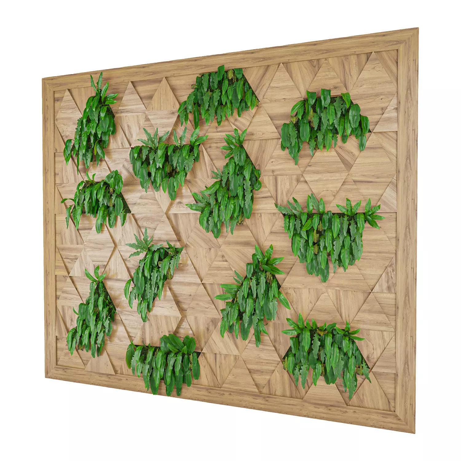 Wooden Wall Panel with Decorative Green Plants 3D model_1