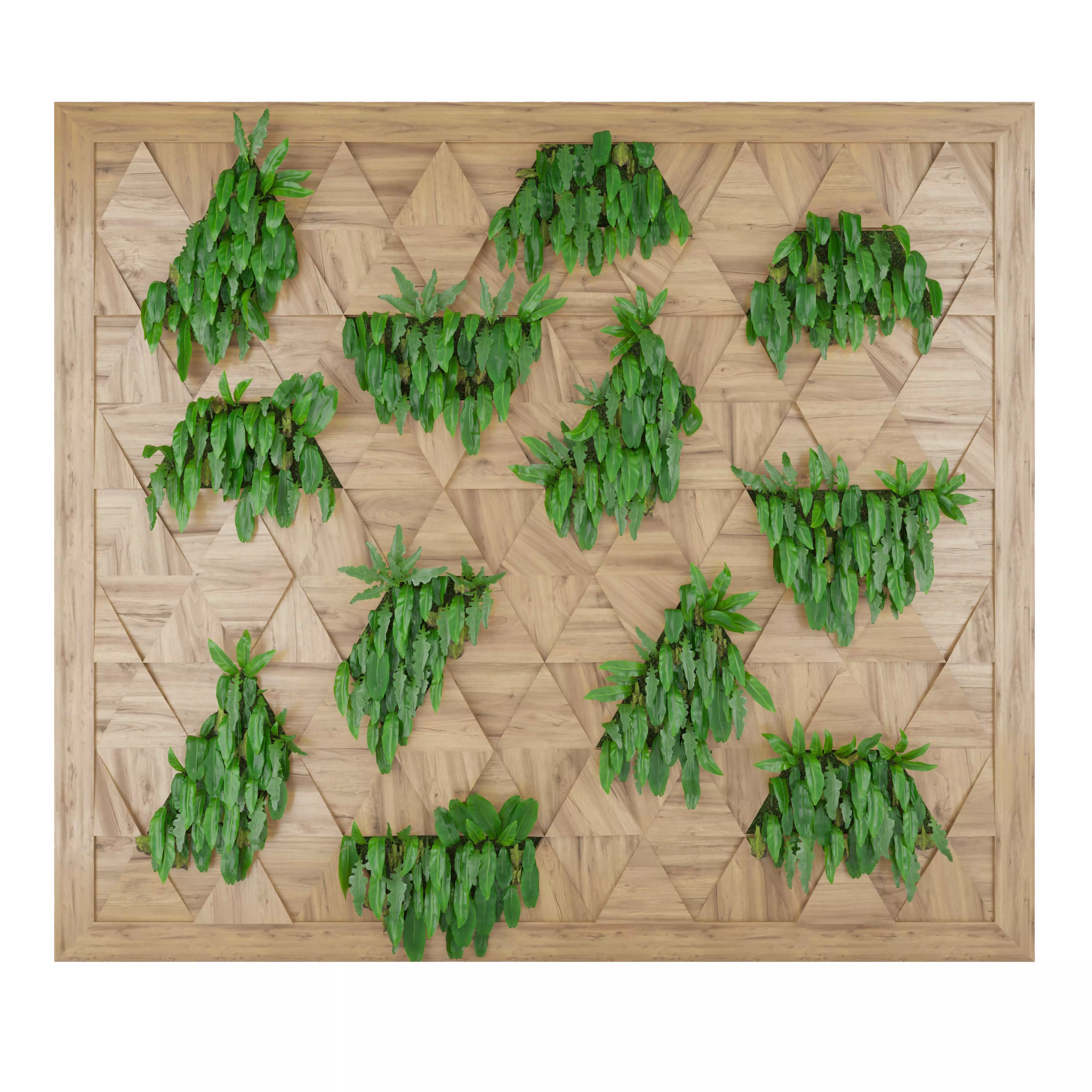 Wooden Wall Panel with Decorative Green Plants 3D model_0