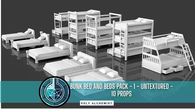 Low Poly Beds And Bunk Beds Pack - 1 - Untextured - 10 Props