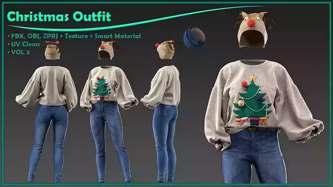 female christmas outfit with texture and smart material 3D model