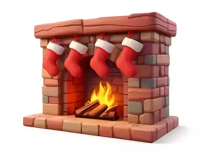 Christmas Fireplace Stockings 3D Model Cozy Holiday Scene Low-poly 3D model