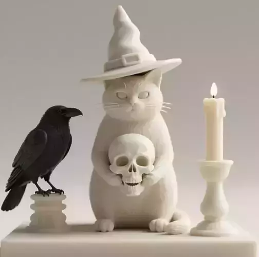 2762Witch Cat Composition Skull Raven Candleholder on Base