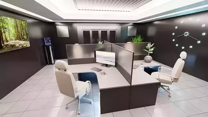 Office Interior V5 - Modern Team Island Workstation Environment