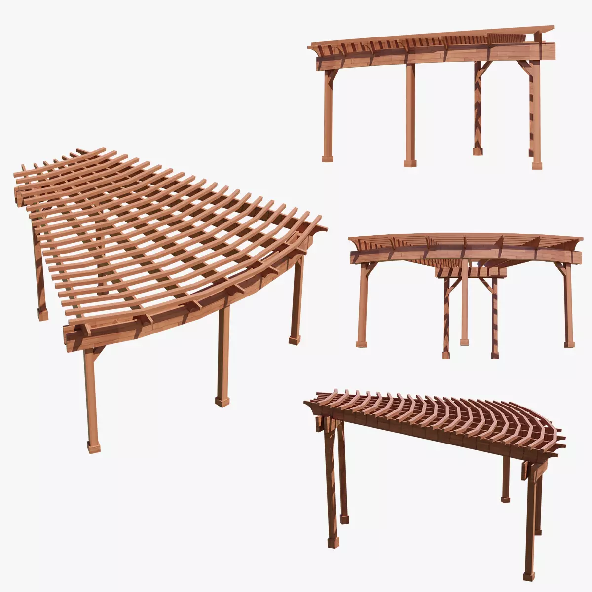 Curved Timber Pergola Pavilion Low-poly 3D model_0